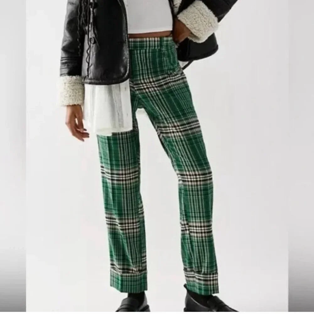 Free People All For Me Plaid Low Rise Green Cuffed Pants NWT Size 2